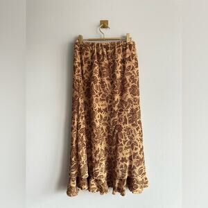 Vintage Coldwater Creek 100% Silk Skirt | Brown & Tan Floral Boho Maxi Skirt M